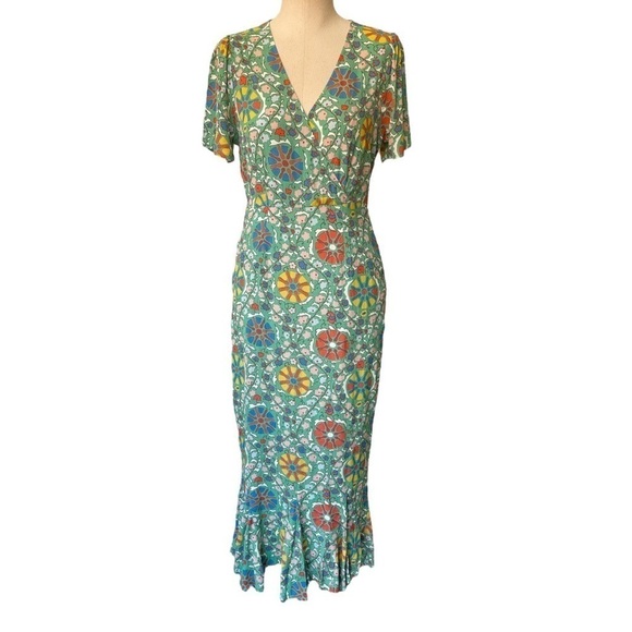 NWT RHODE x Target Zinnia Floral Print Short Sleeve Midi Dress Green/Red/Yellow - Picture 7 of 16
